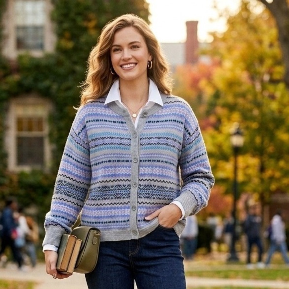 Talbots Cardigan Sweater Large Gray Purple Fair Isle Cotton Merino Wool Blend